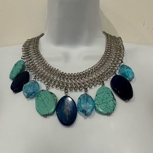 Turquoise & Blue Stones Silver Tone Chain Statement Necklace